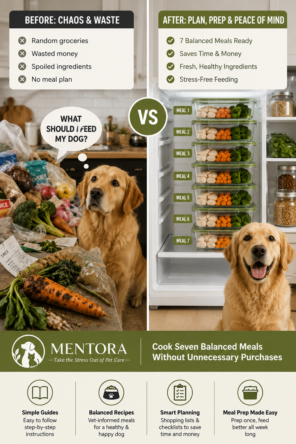 Before and after comparison: cluttered groceries and spoiled food versus seven labeled balanced meals prepped in the fridge