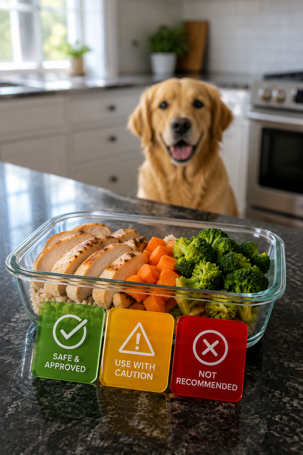 Prepped dog meal of chicken, rice, carrots and broccoli beside safe, caution and not-recommended ingredient labels