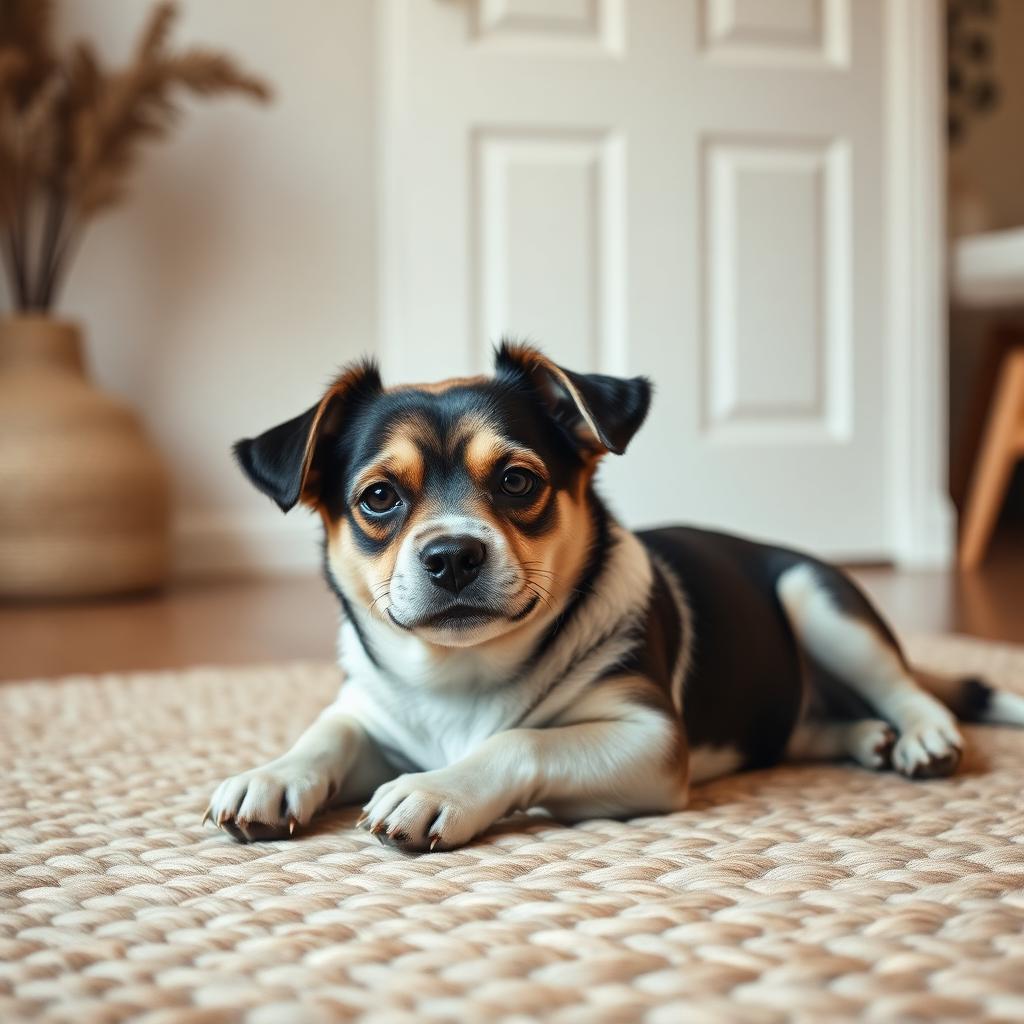 A calm dog resting quietly on a woven rug by a closed door